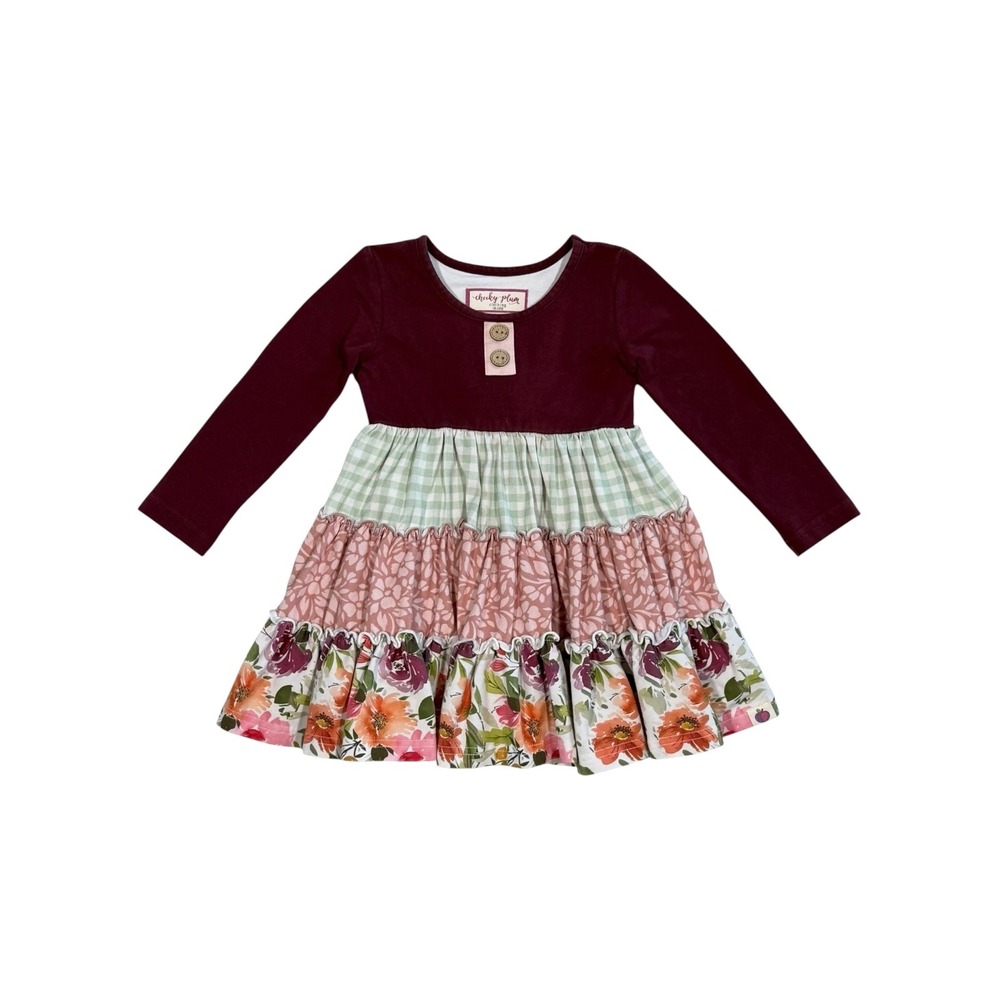 Cheeky Plum Girls 18-24M Burgundy Floral Gingham Tiered Ruffle Long Sleeve Dress